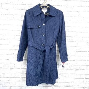 NWT🤩 |•HELENE BERMAN•| Trench Coat Navy Animal Printed Belted Stretch Jacket L